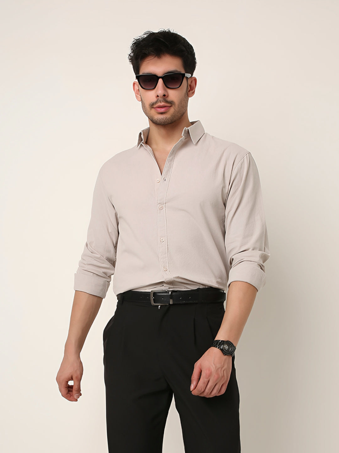 BEIGE SELF STRIPED SHIRT