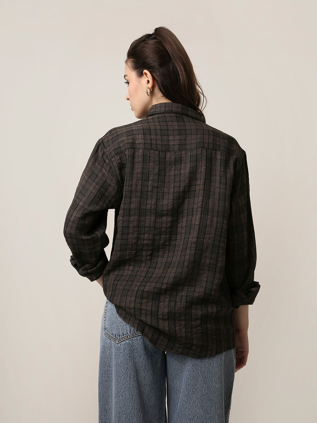 Dark Khaki Checked Oversized Shirt