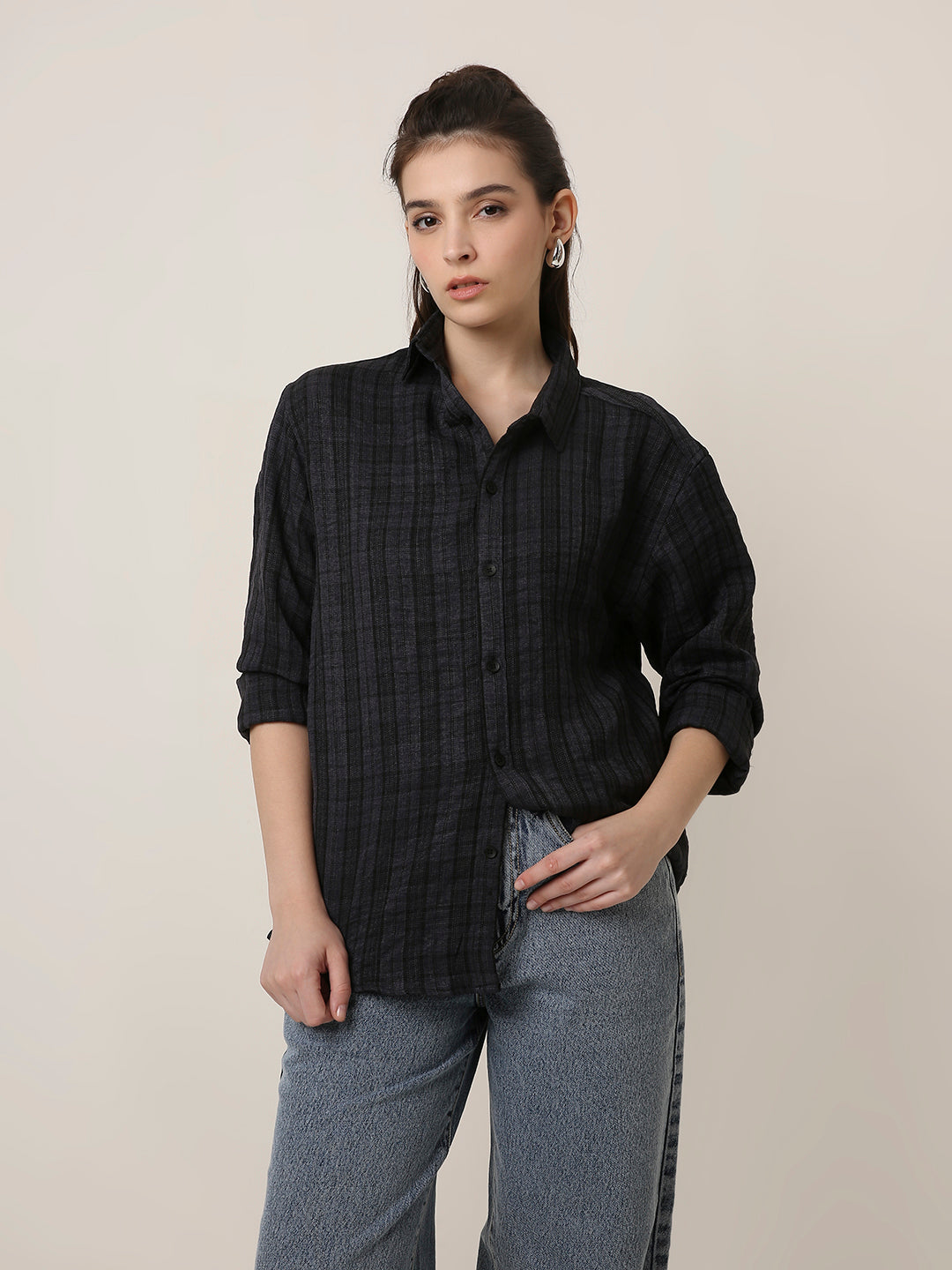 Dark Grey Checked Oversized Shirt
