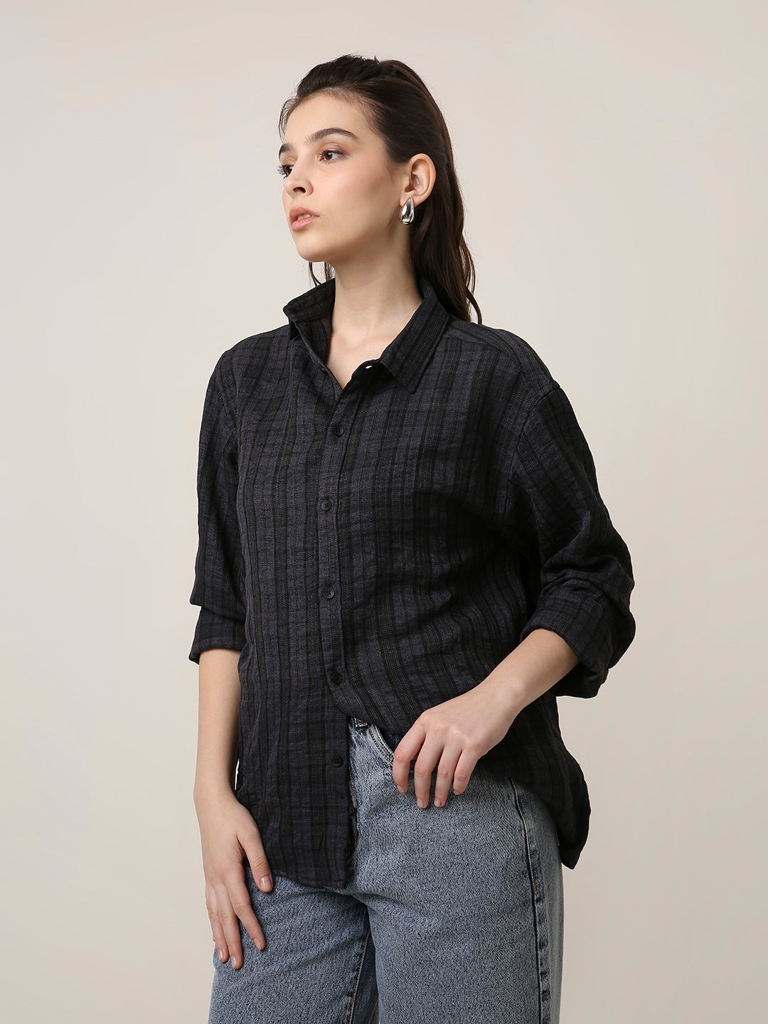 Dark Grey Checked Oversized Shirt