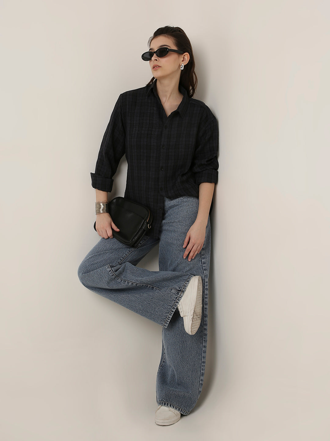 Dark Grey Checked Oversized Shirt