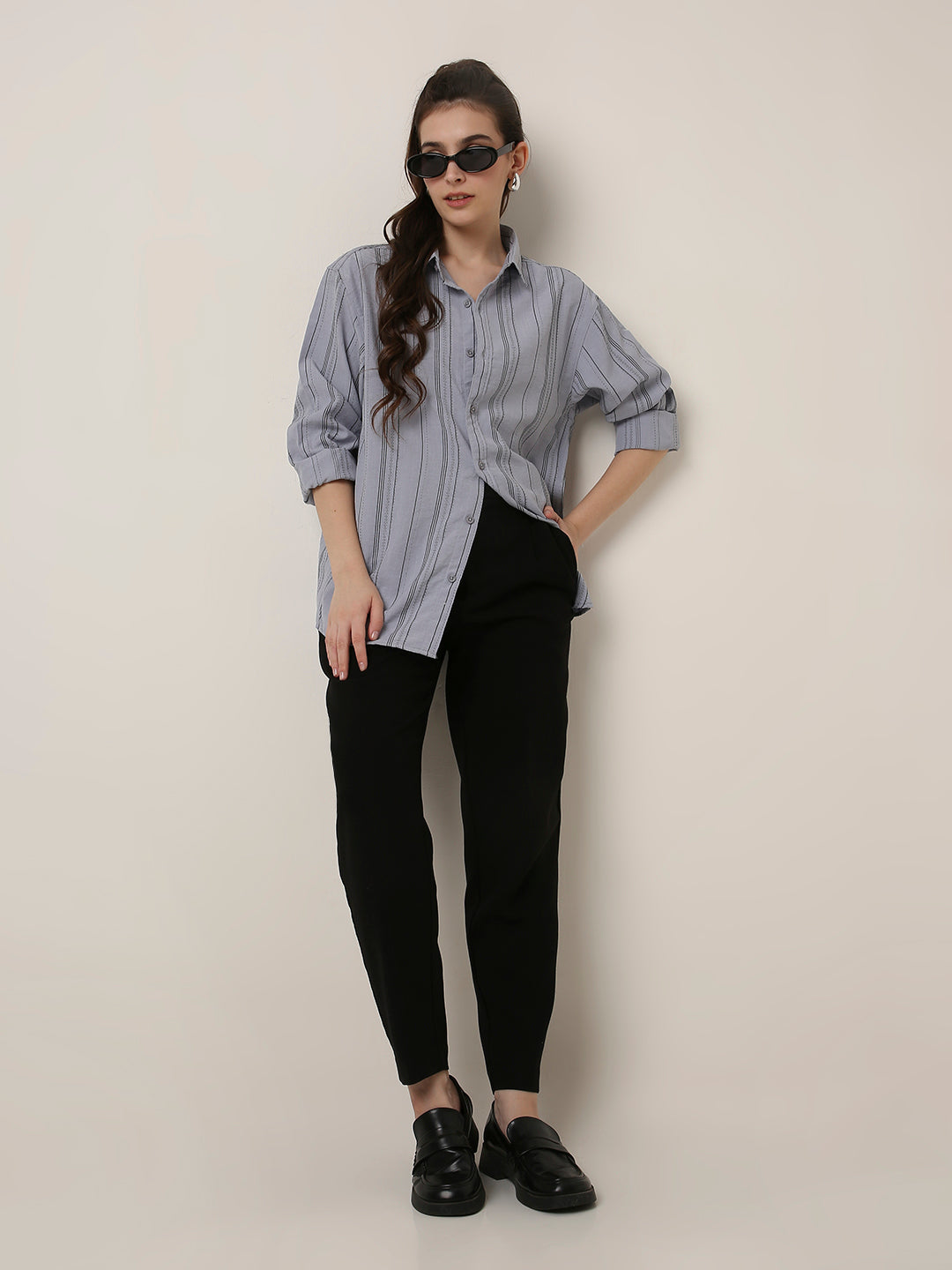 Grey Textured Stripe Oversized Shirt