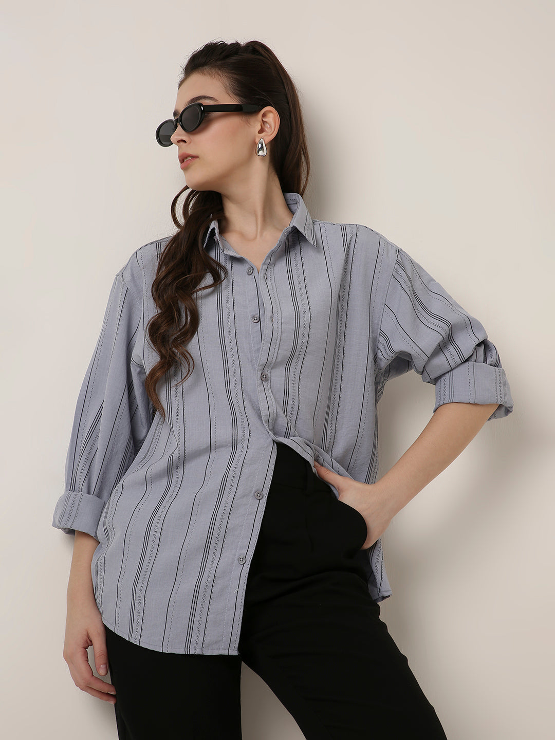 Grey Textured Stripe Oversized Shirt