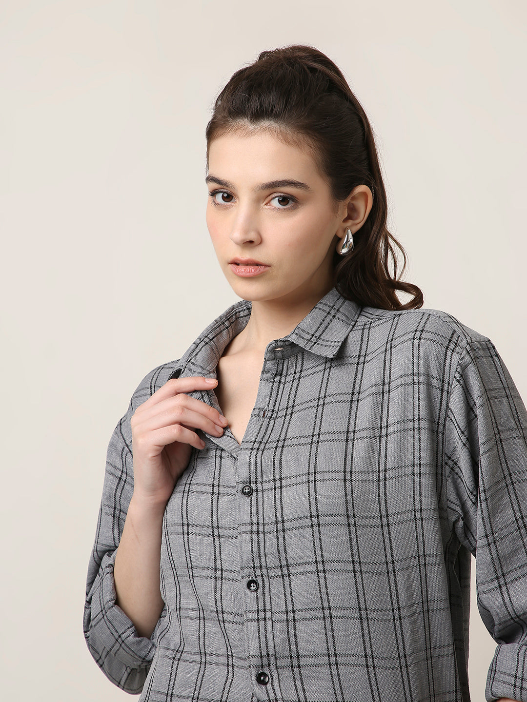 Grey Checked Oversized Casual Shirt