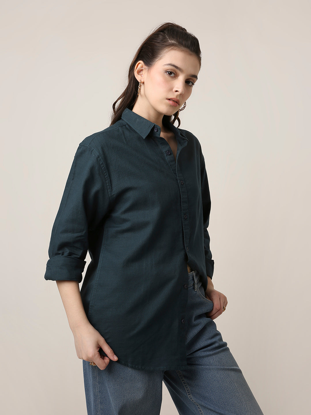 Dark Teal Solid Oversized Casual Shirt