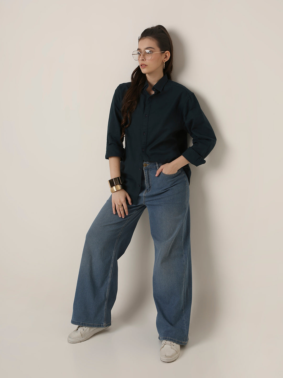 Dark Teal Solid Oversized Casual Shirt