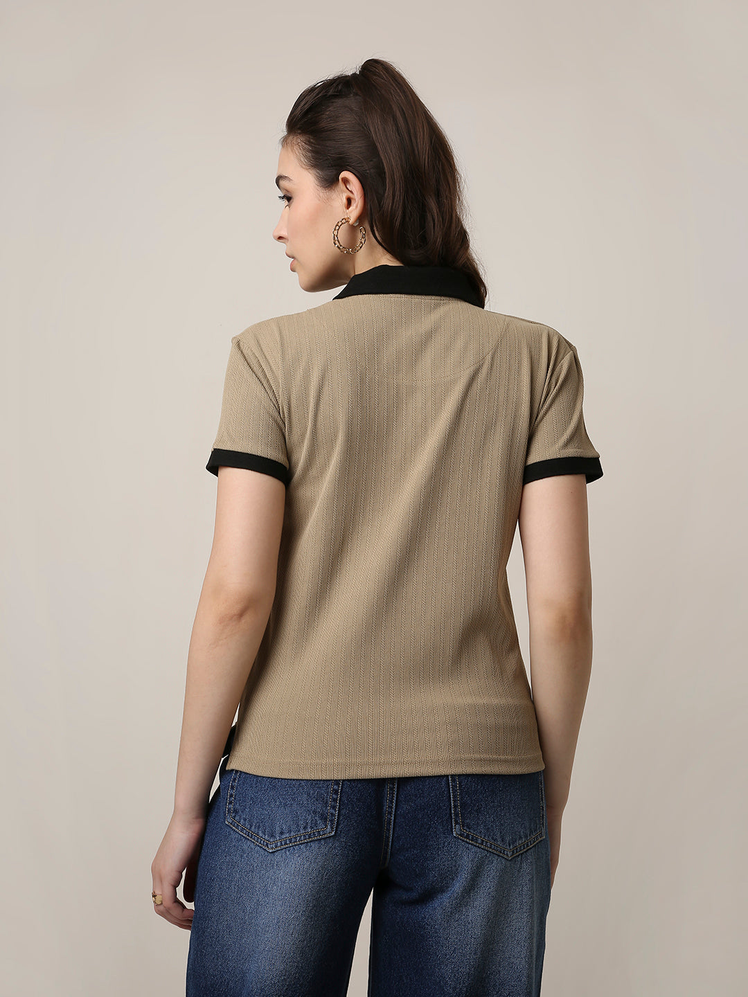 Beige Textured Zip Polo T-Shirt