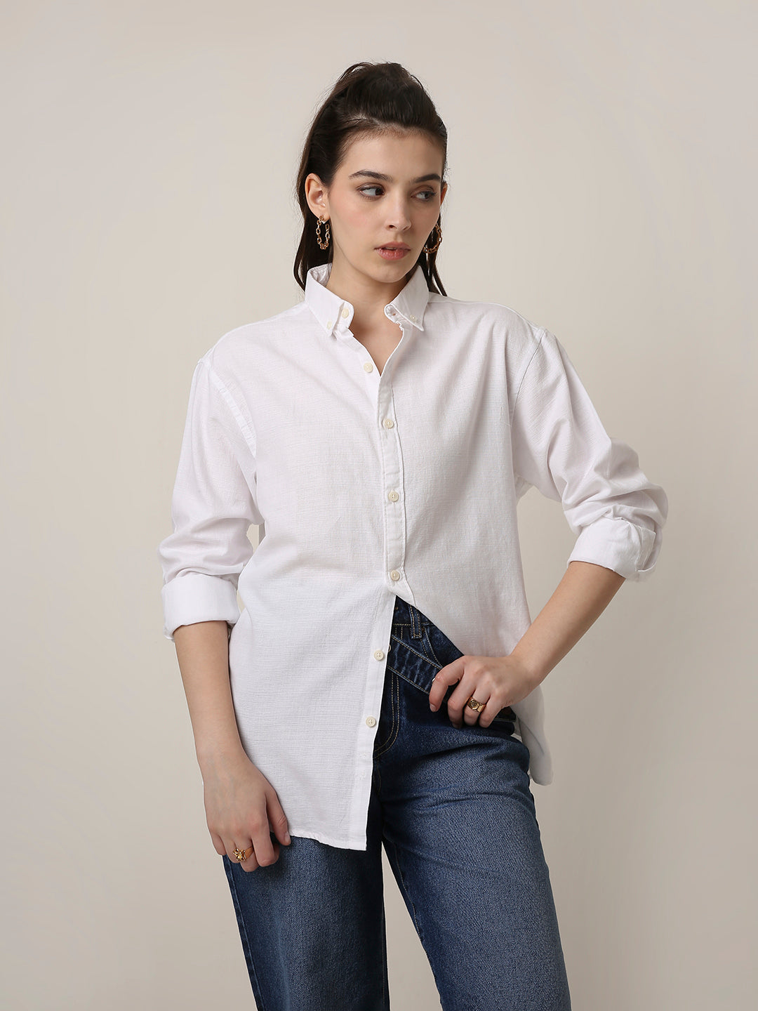 White Solid Oversized Casual Shirt