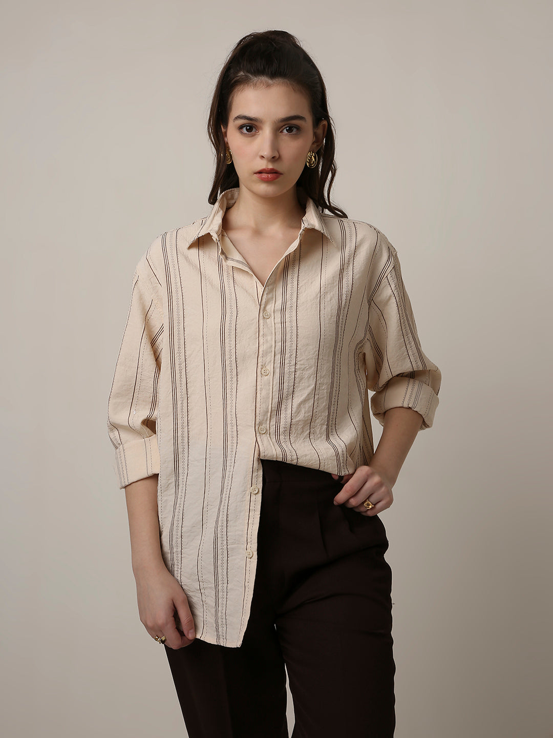 Cream Textured Stripe Oversized Shirt