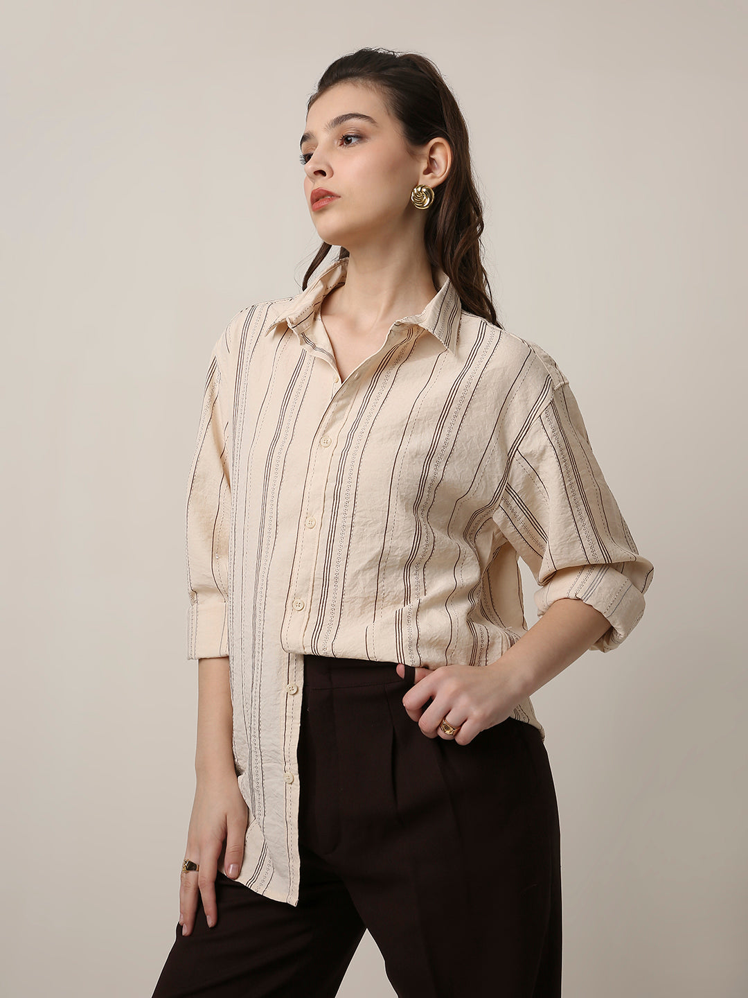 Cream Textured Stripe Oversized Shirt