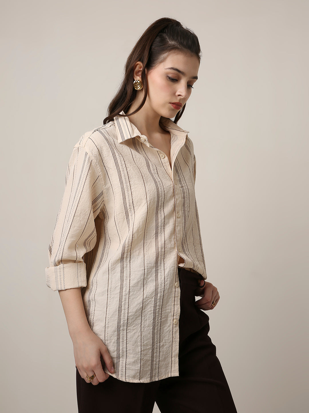 Cream Textured Stripe Oversized Shirt