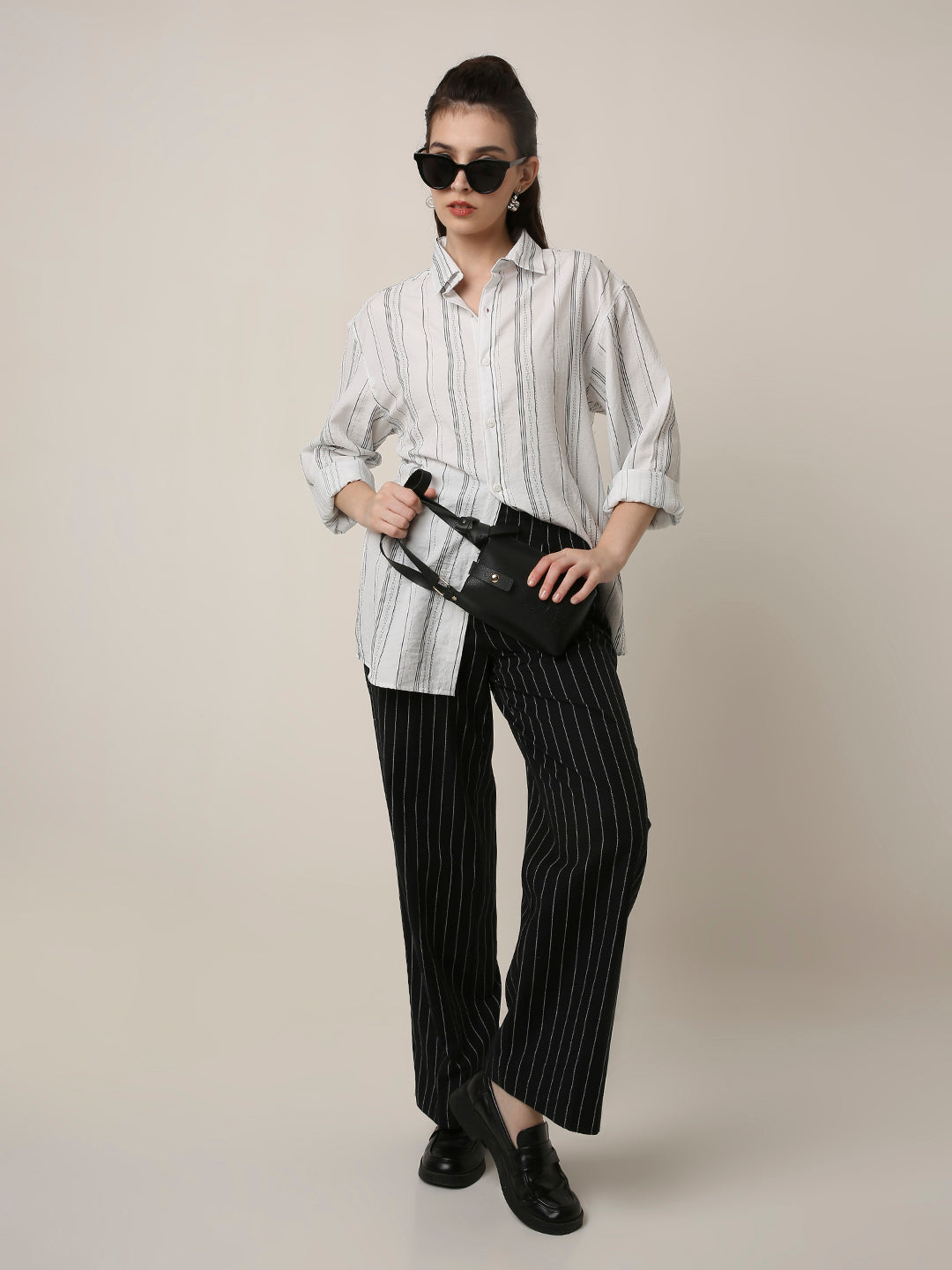 White Textured Stripe Oversized Shirt