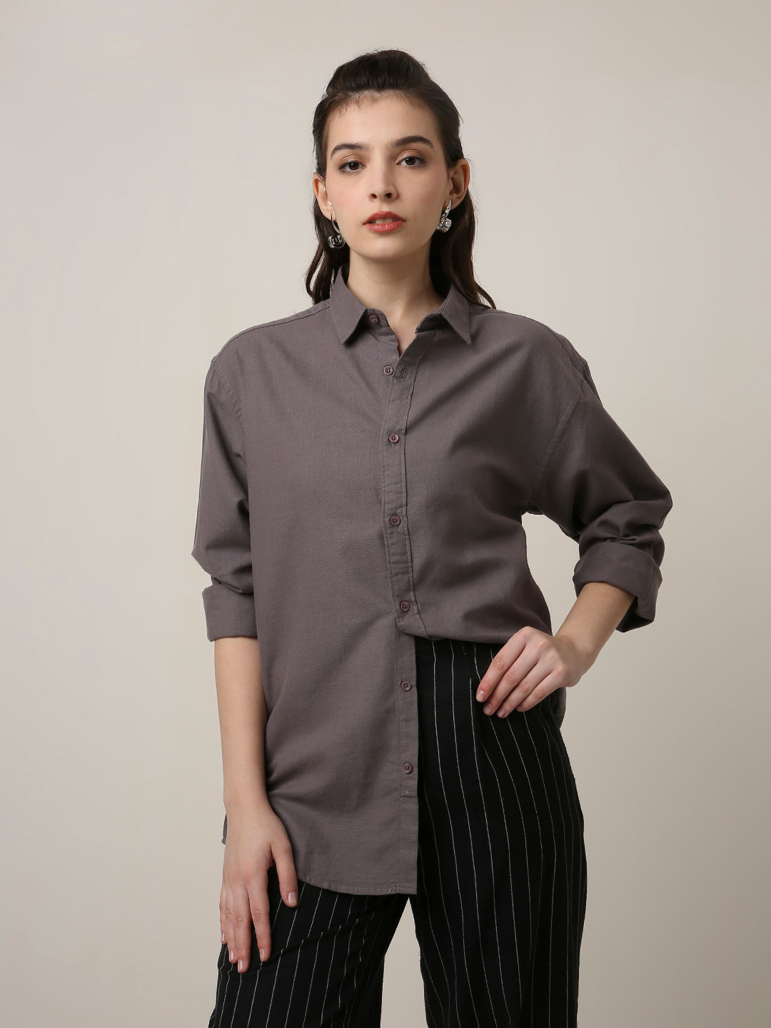 Grey Solid Oversized Casual Shirt