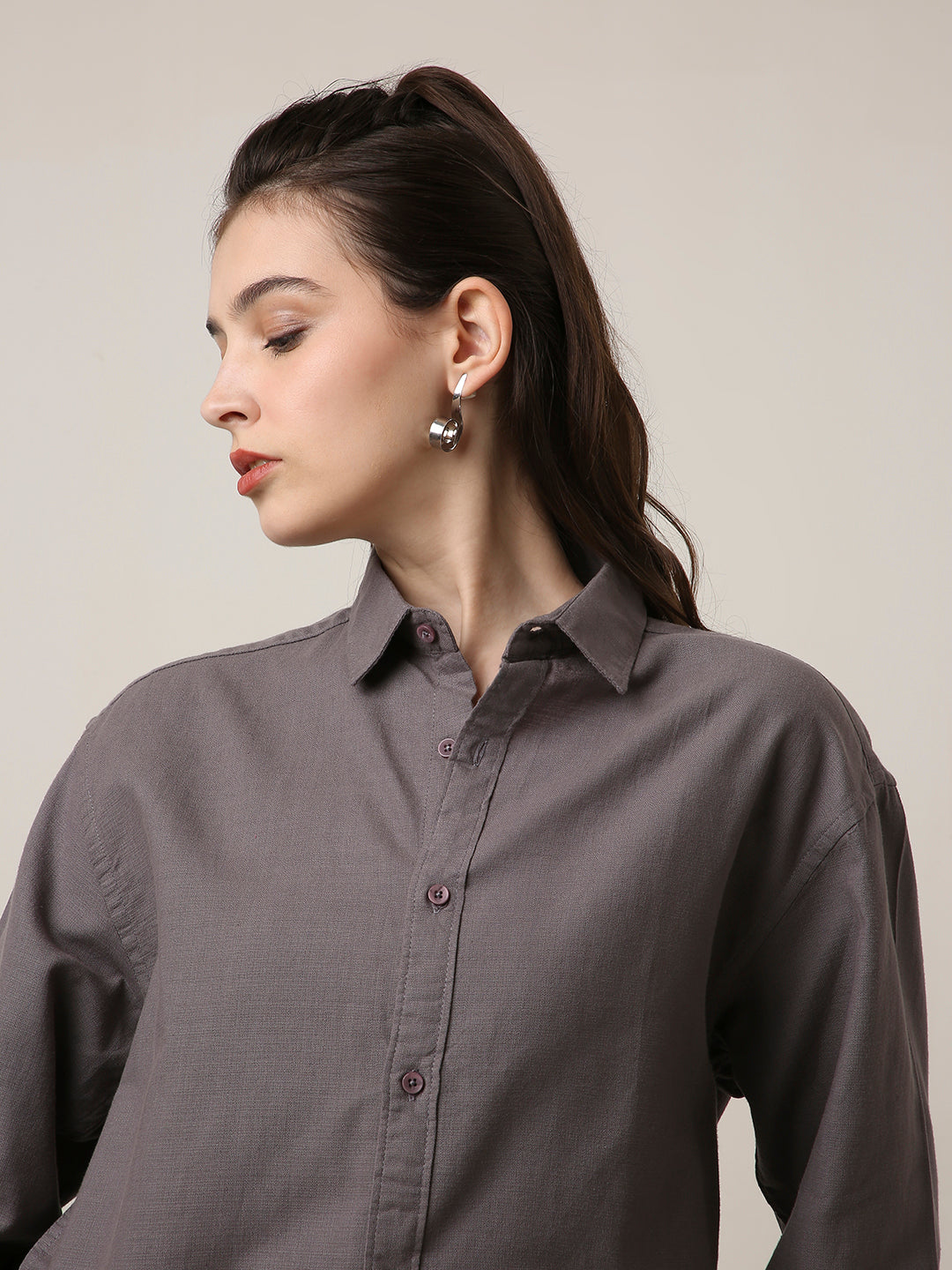 Grey Solid Oversized Casual Shirt