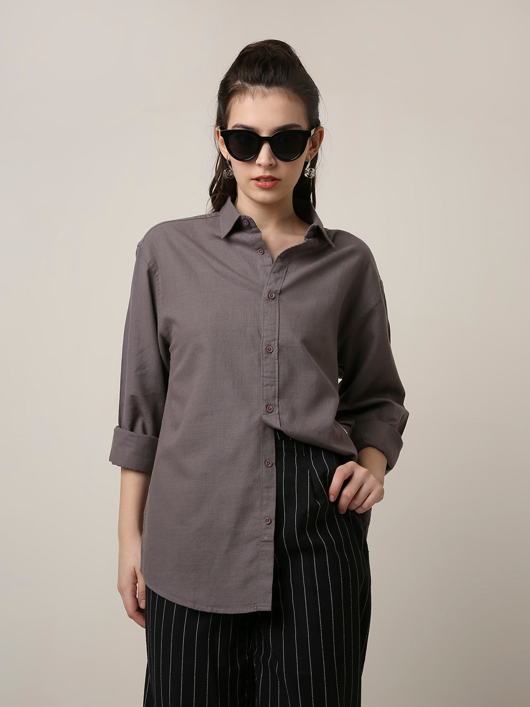 Grey Solid Oversized Casual Shirt