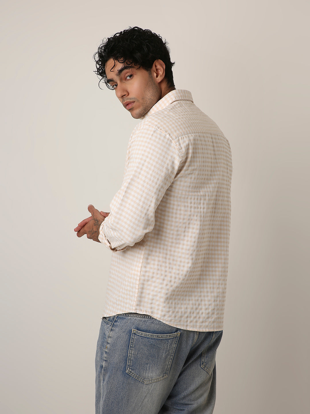 BEIGE OXFORD GINGHAM COTTON SHIRT