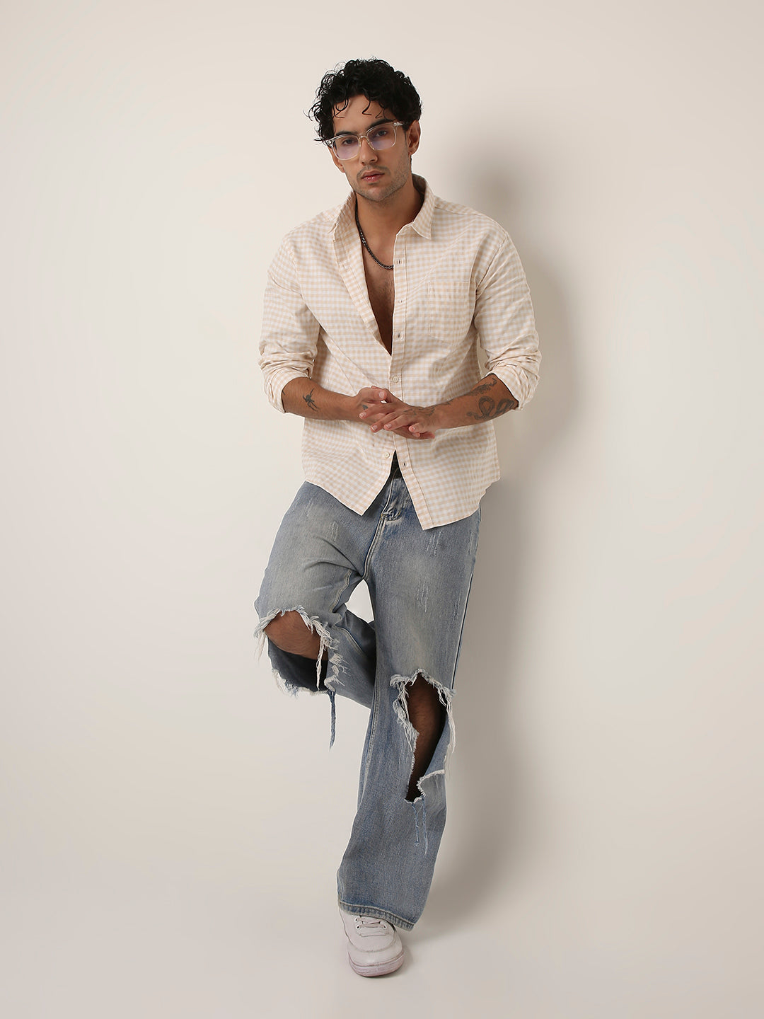 BEIGE OXFORD GINGHAM COTTON SHIRT