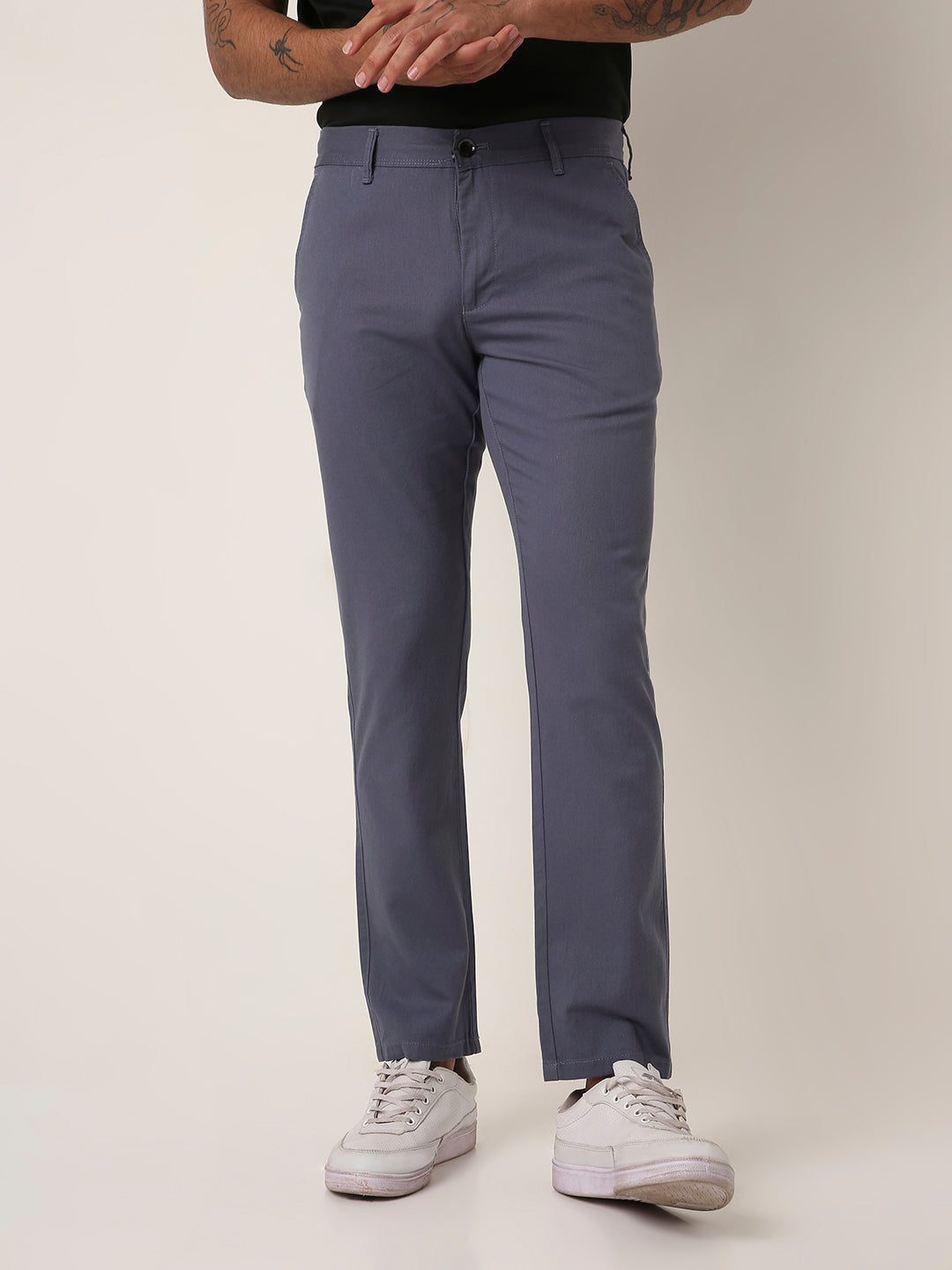 Slate Blue Slim-Fit Casual Trousers