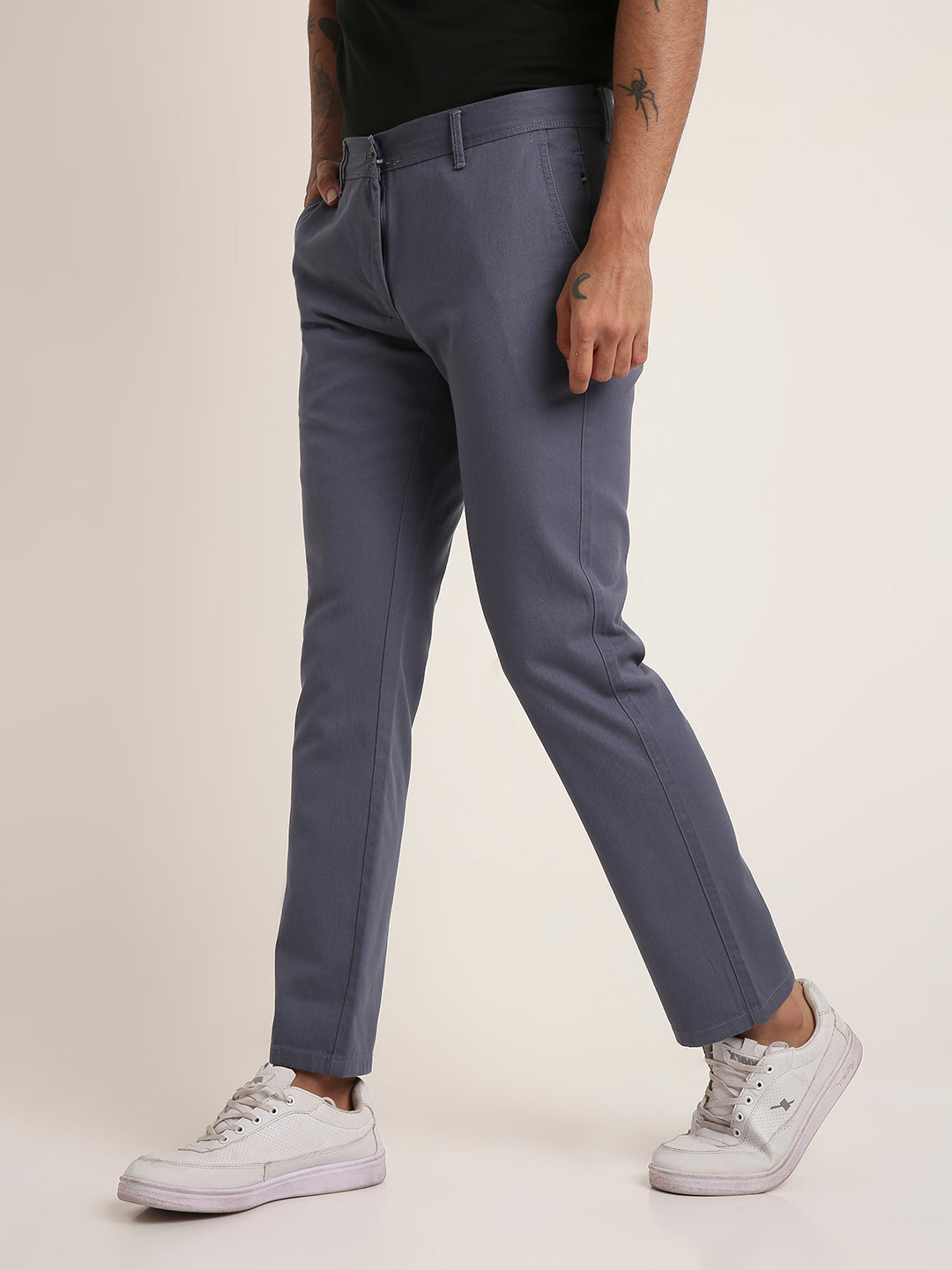 Slate Blue Slim-Fit Casual Trousers