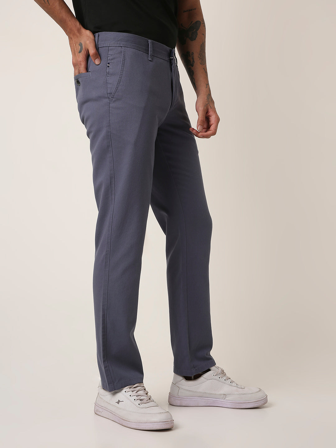 Slate Blue Slim-Fit Casual Trousers
