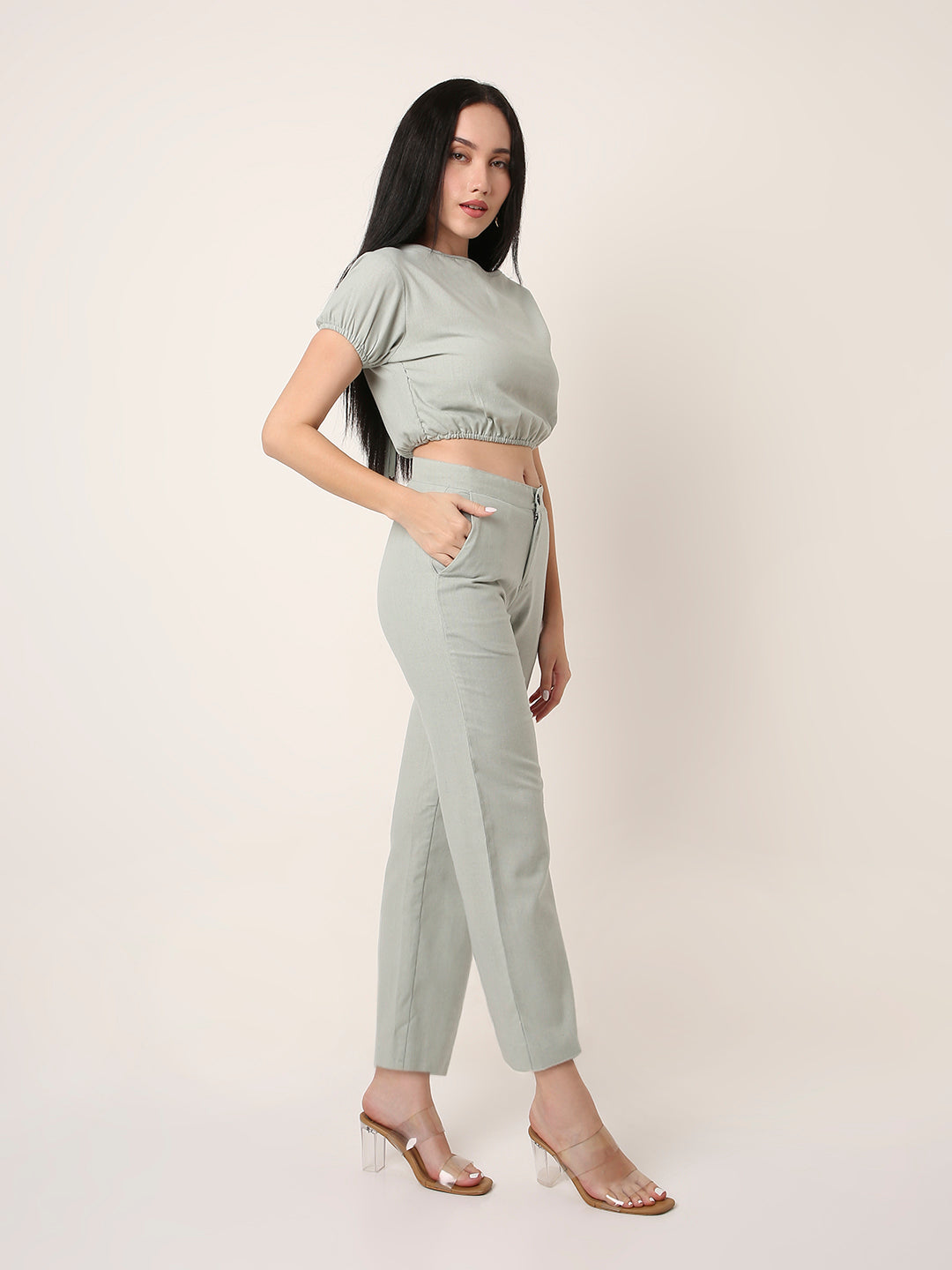 Sage Green Co-Ord Set (Crop Top & Straight Pants)