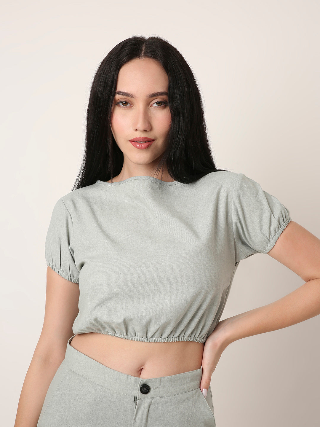 Sage Green Co-Ord Set (Crop Top & Straight Pants)