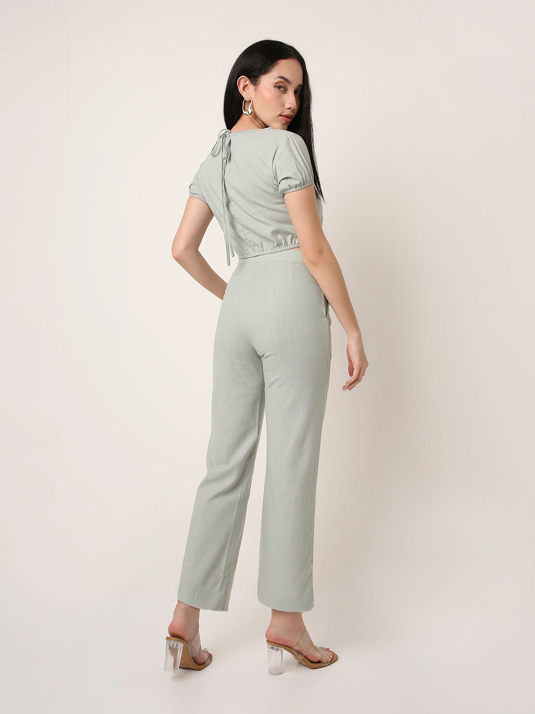 Sage Green Co-Ord Set (Crop Top & Straight Pants)