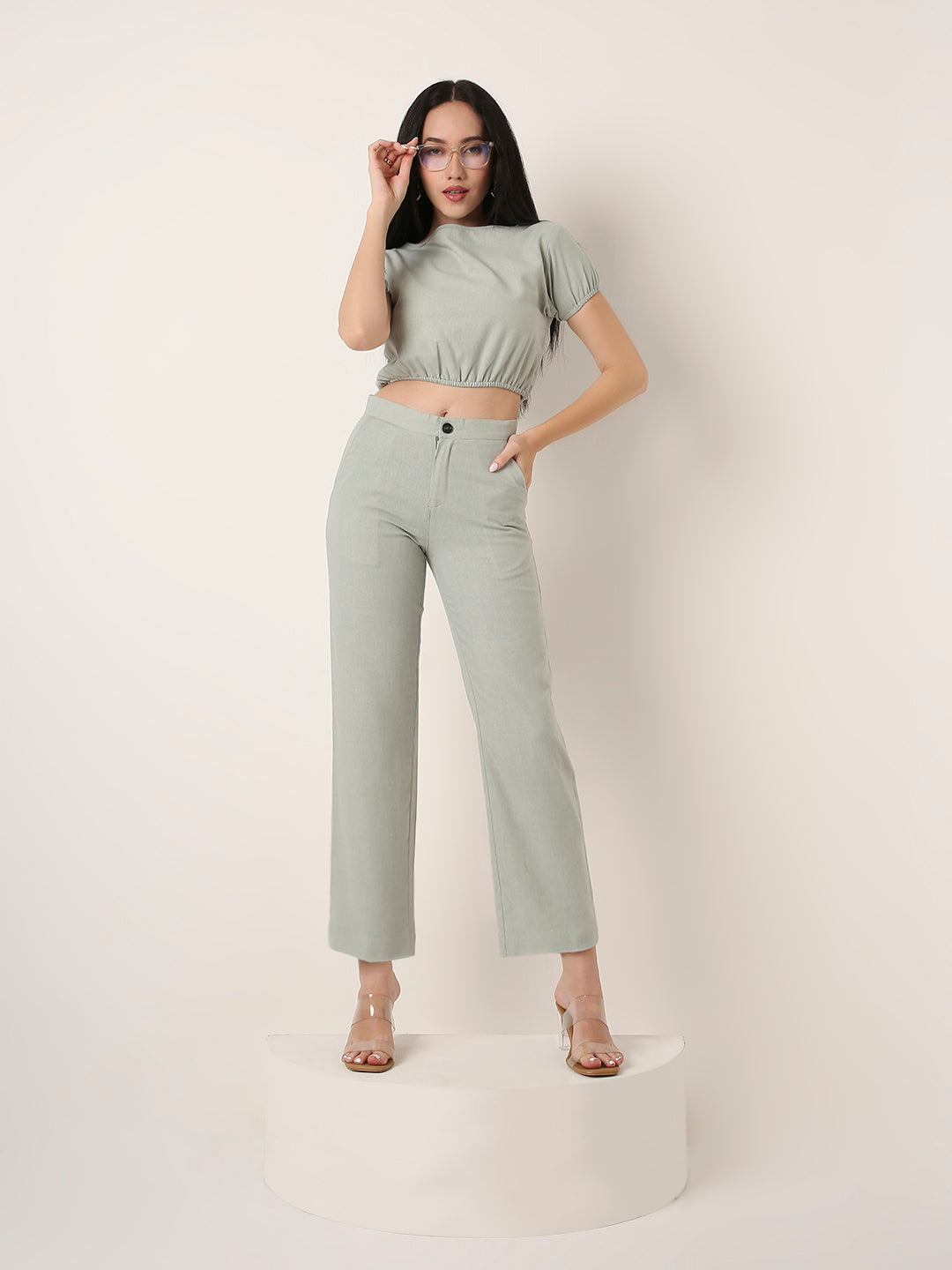 Sage Green Co-Ord Set (Crop Top & Straight Pants)
