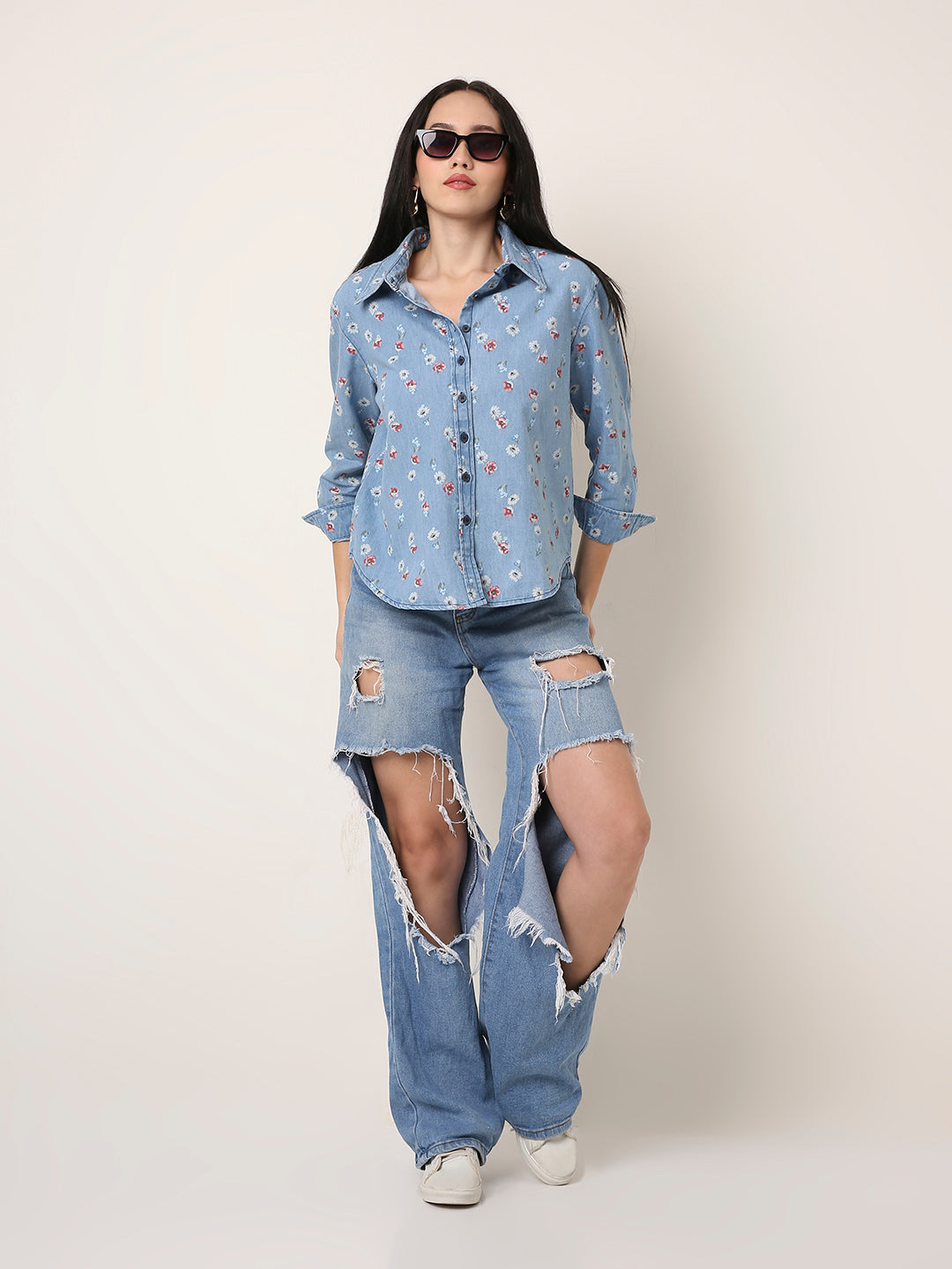 Floral Light-Wash Denim Shirt