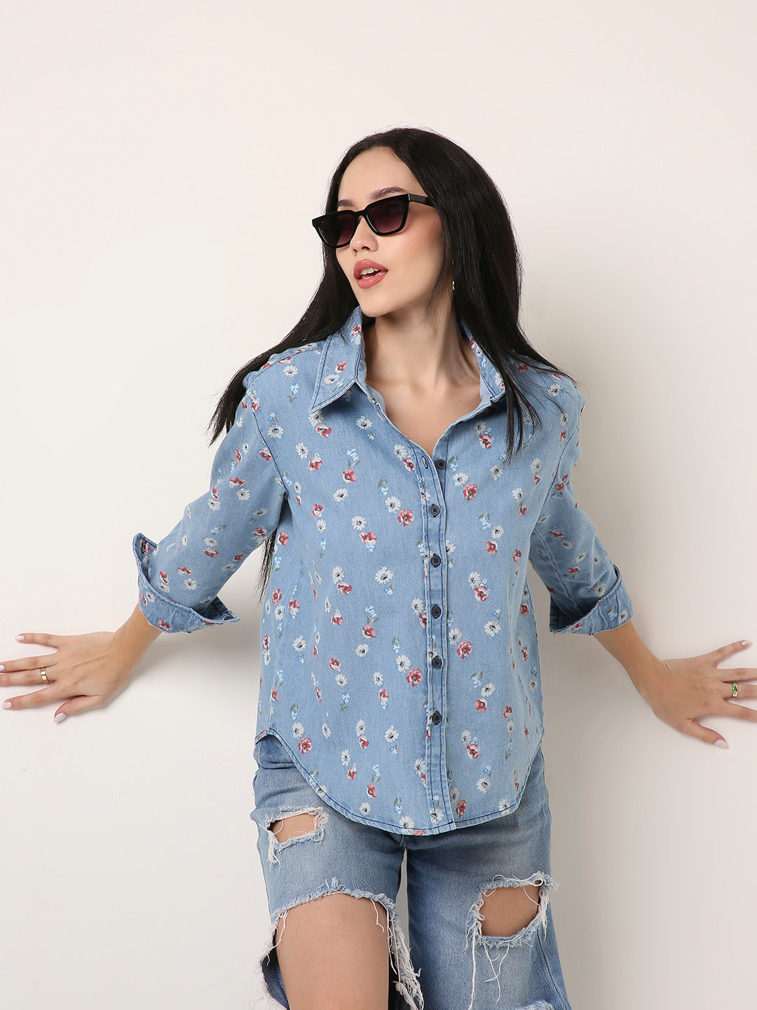 Floral Light-Wash Denim Shirt