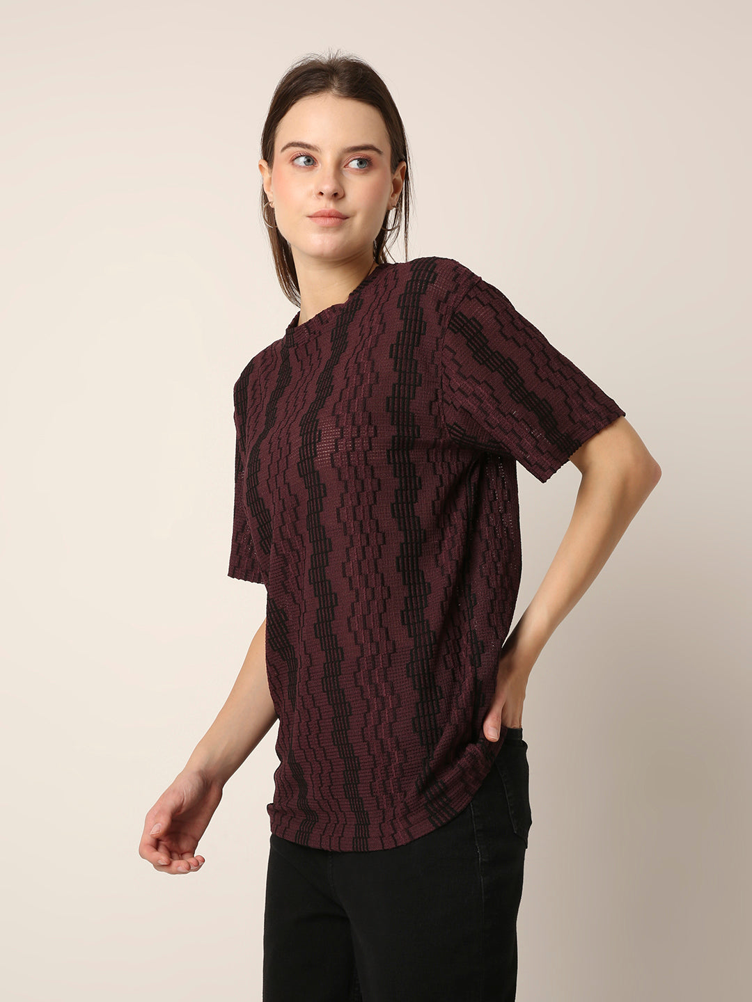 Burgundy PATTERNED CREW NECK BOYFRIEND T-SHIRT