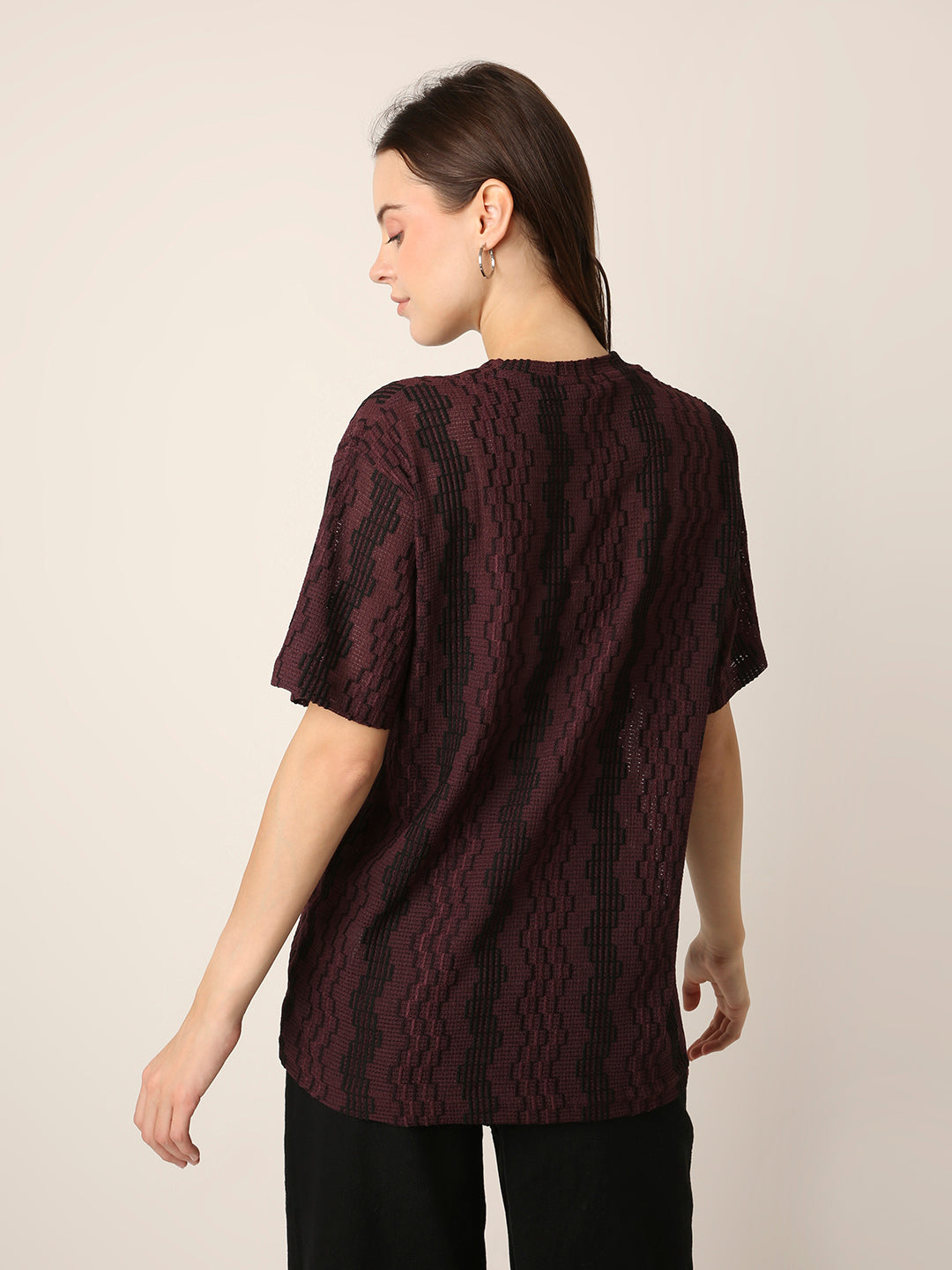 Burgundy PATTERNED CREW NECK BOYFRIEND T-SHIRT