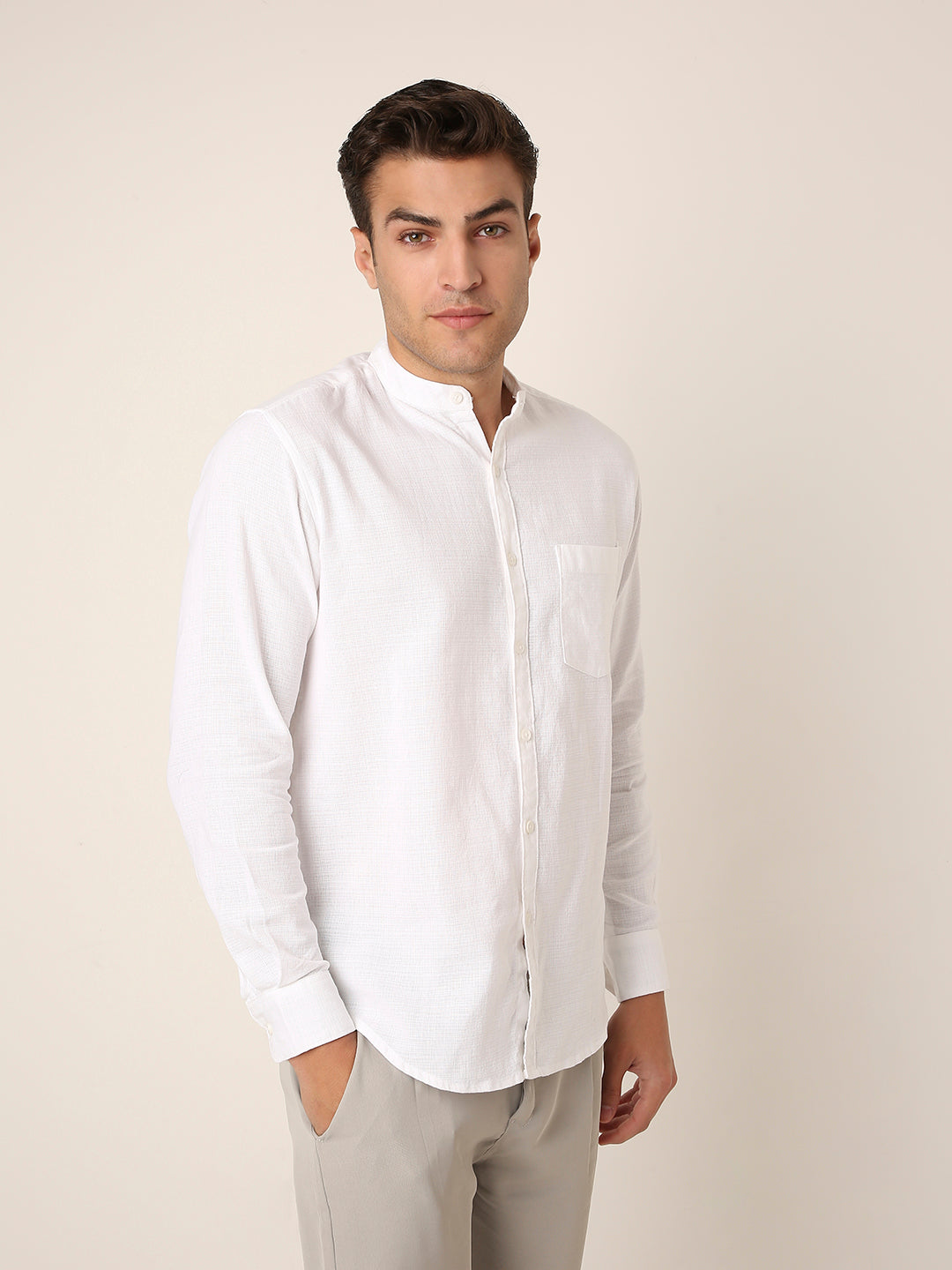 WHITE Premium Cotton Mandarin Collar Shirt