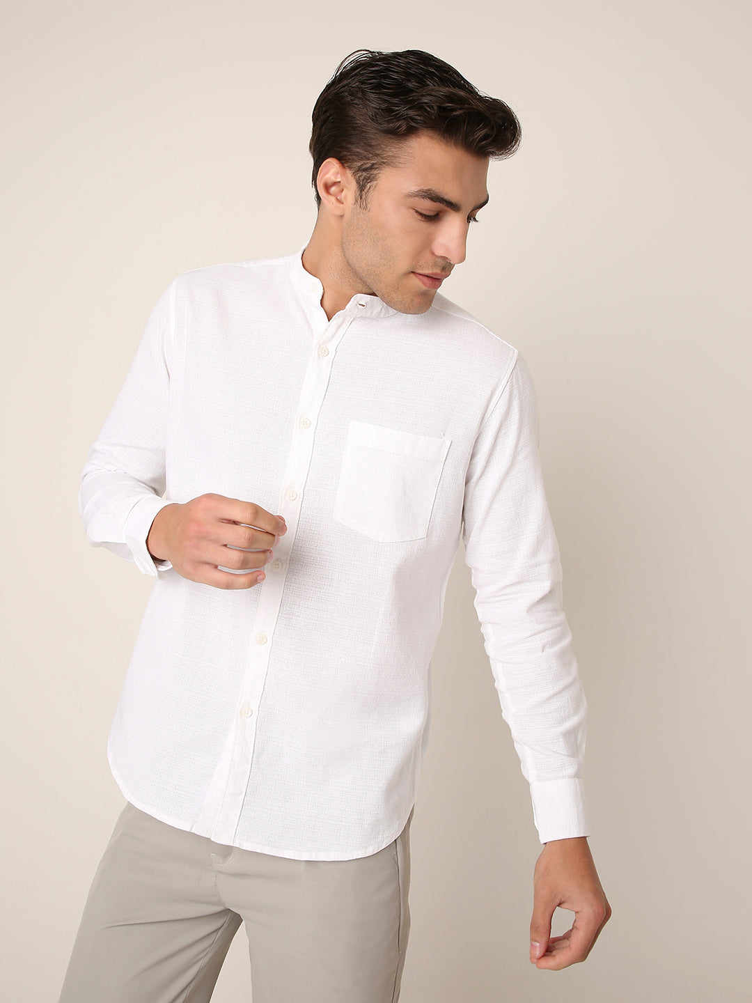 WHITE Premium Cotton Mandarin Collar Shirt