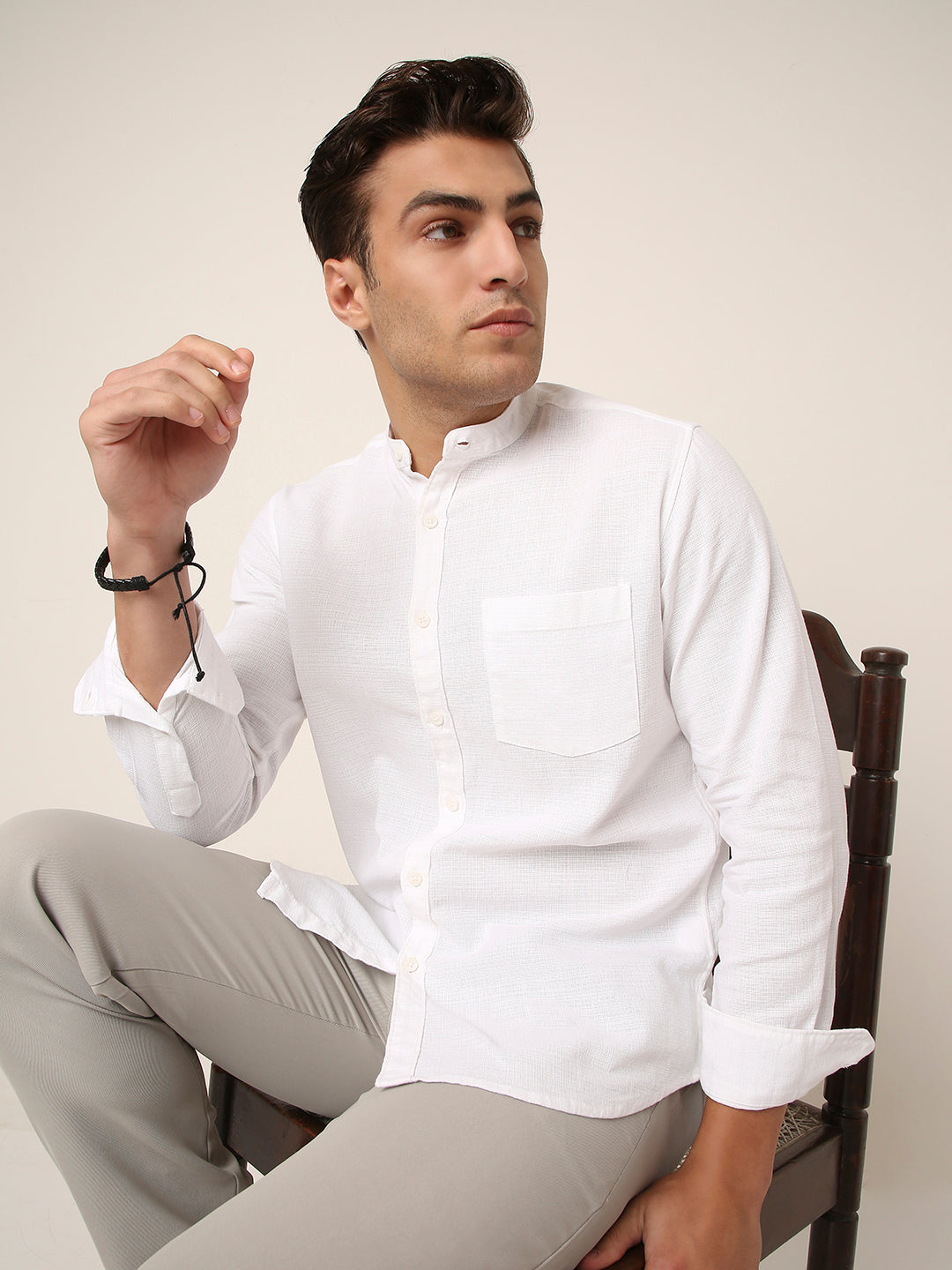 WHITE Premium Cotton Mandarin Collar Shirt