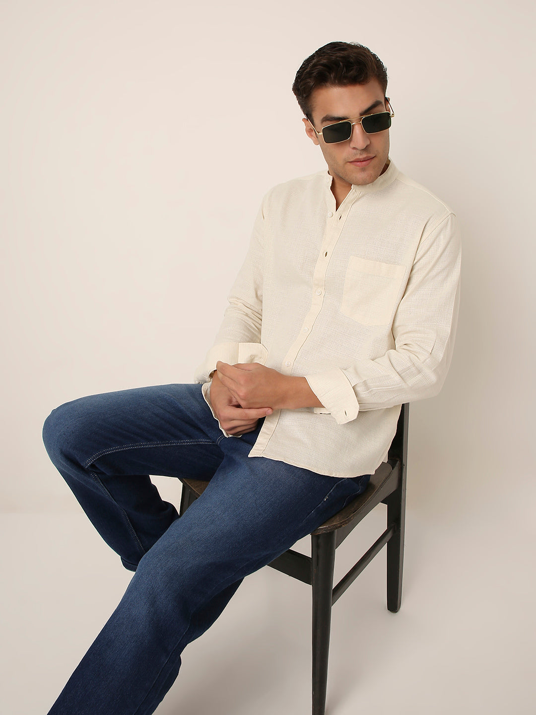 CREAM Premium Cotton Mandarin Collar Shirt