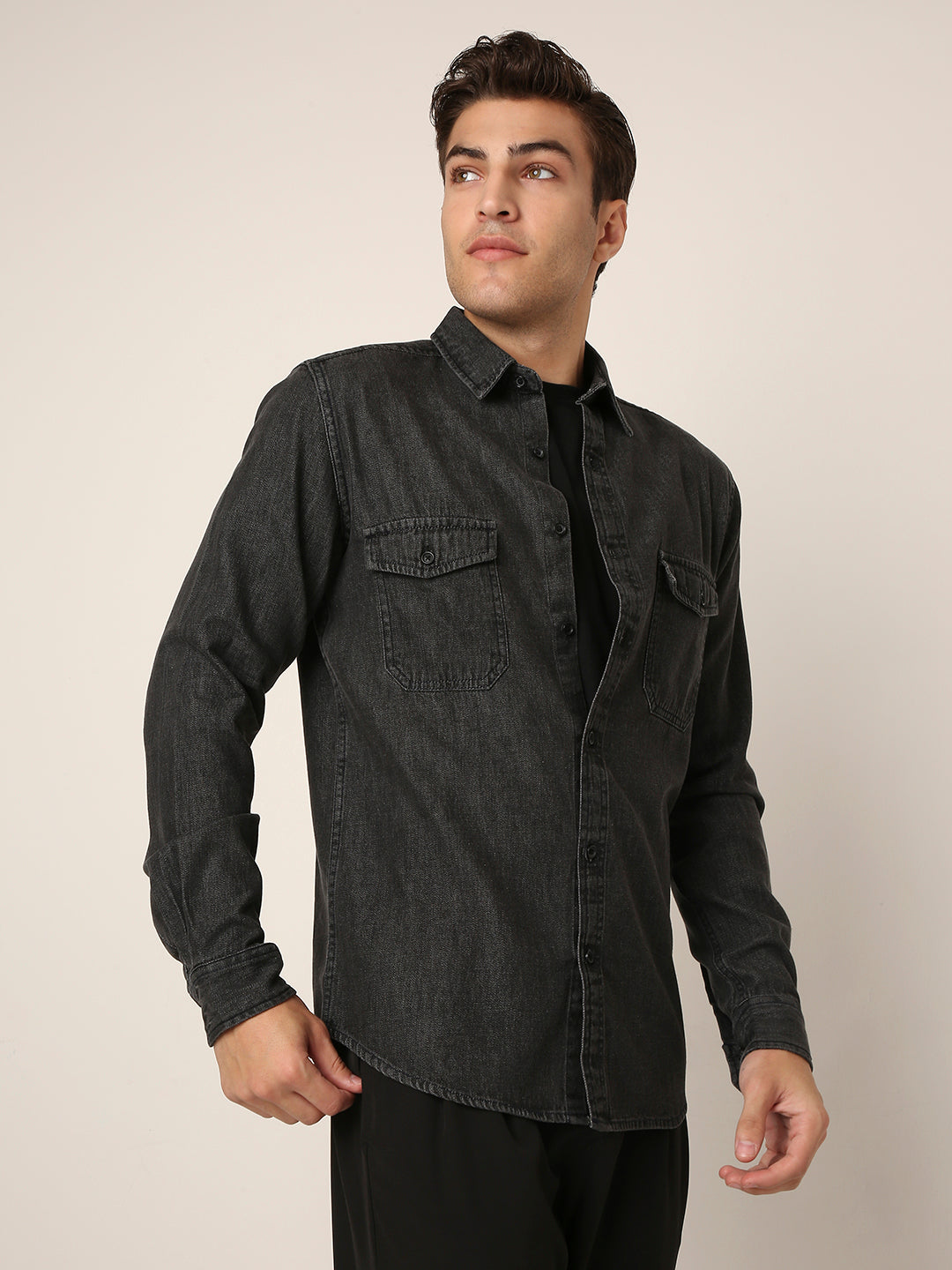 Black Washed Denim Casual Shirt