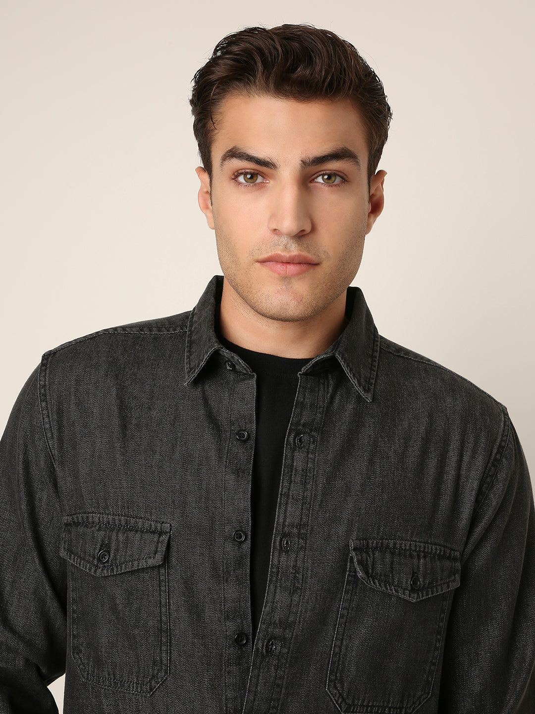Black Washed Denim Casual Shirt
