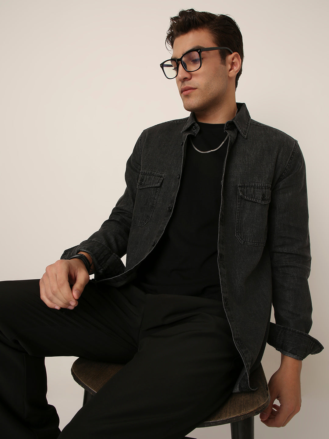 Black Washed Denim Casual Shirt