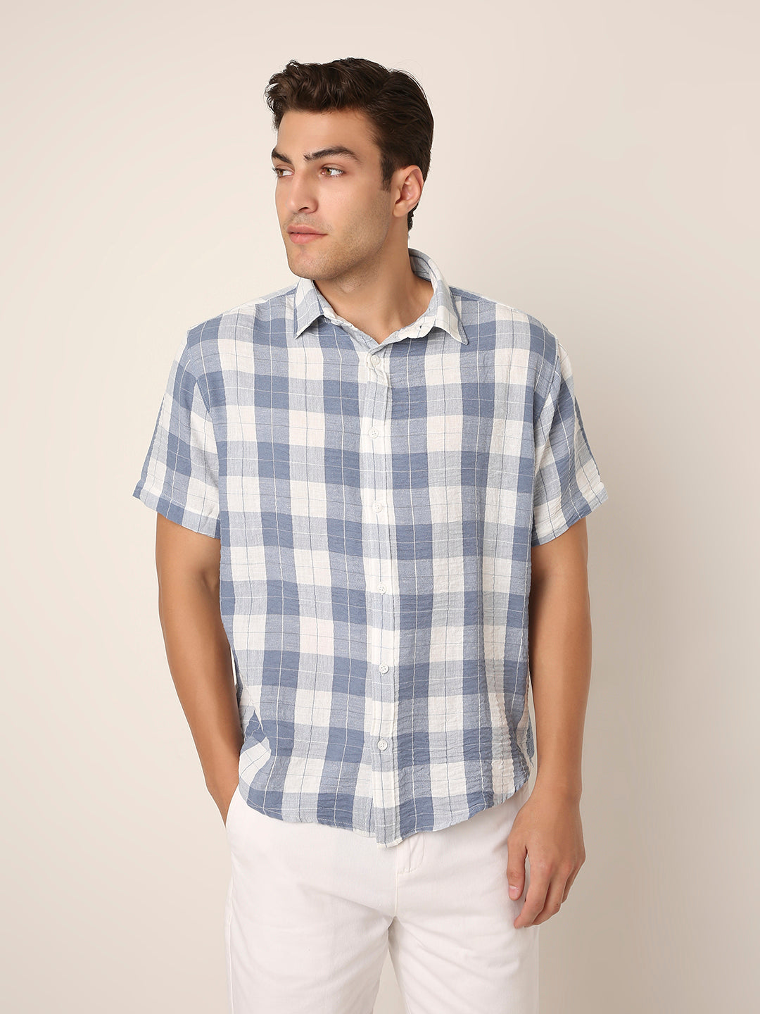 BLUE Checkered Short Sleeve Casual Shirt