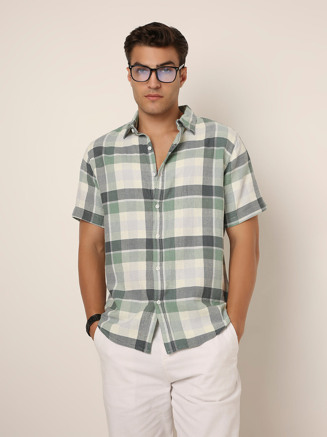 GREEN Textured Checkered Cotton Shirt