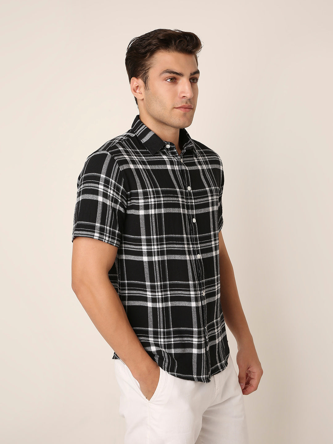 Black Textured Cotton Check Short Sleeve Shirt