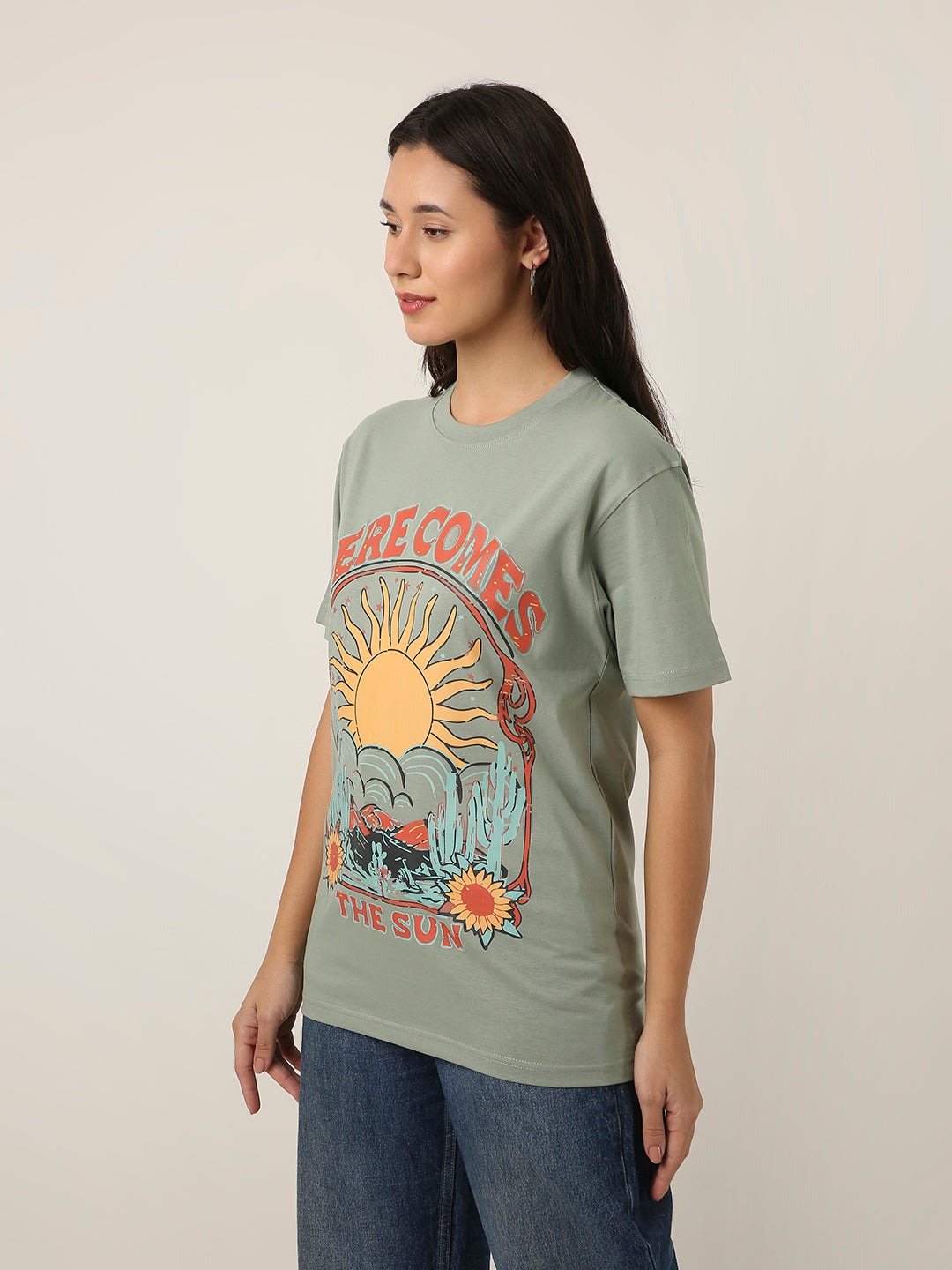 RELAXED FIT:SAGE GREEN PRINTED TSHIRT