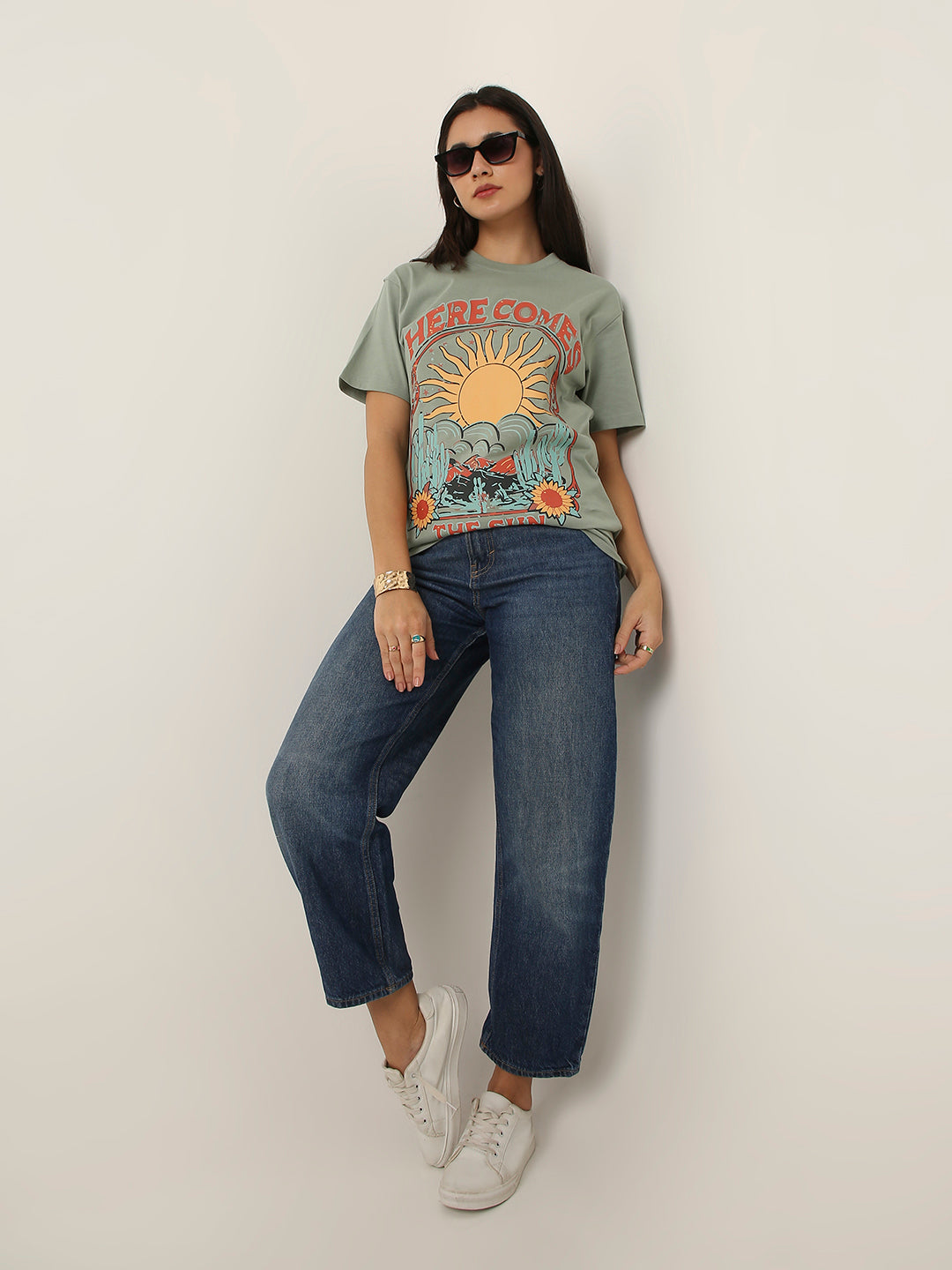 RELAXED FIT:SAGE GREEN PRINTED TSHIRT