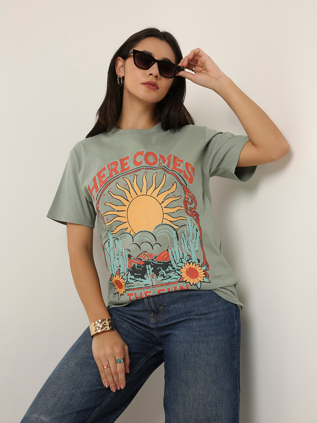 RELAXED FIT:SAGE GREEN PRINTED TSHIRT