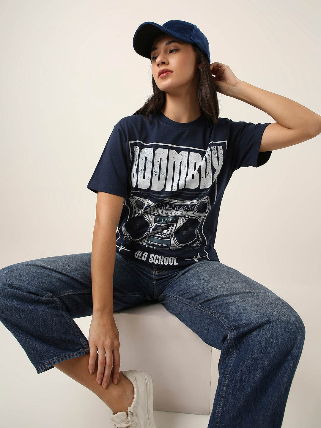 RELAXED FIT:NAVY BLUE PRINTED TSHIRT