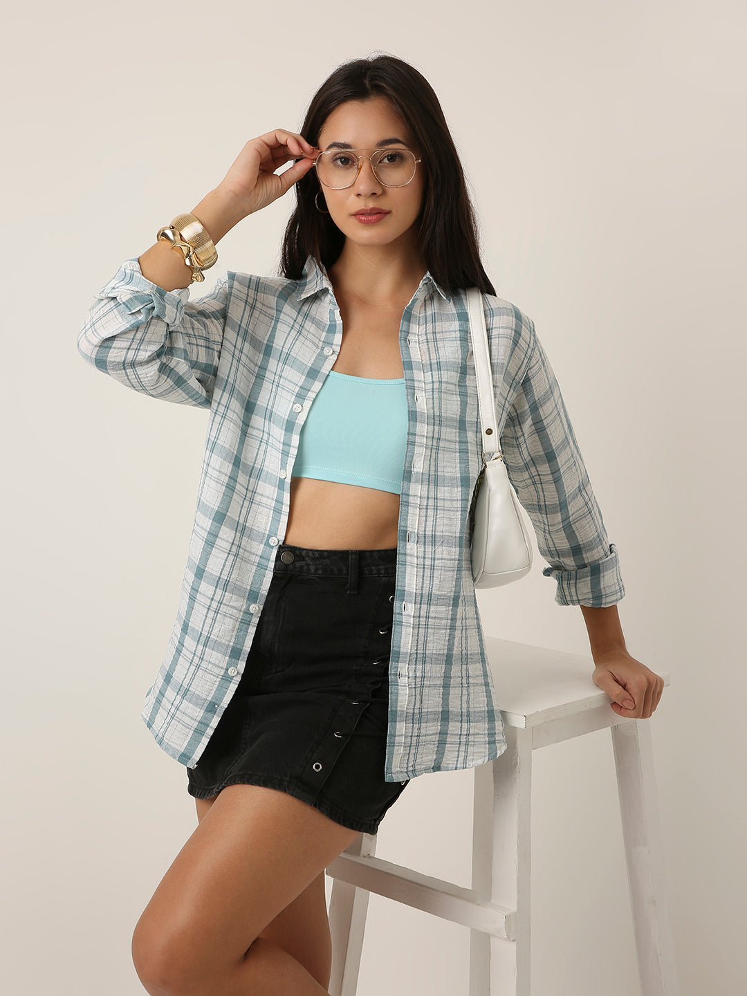 Blue Checked Linen Blend Shirt