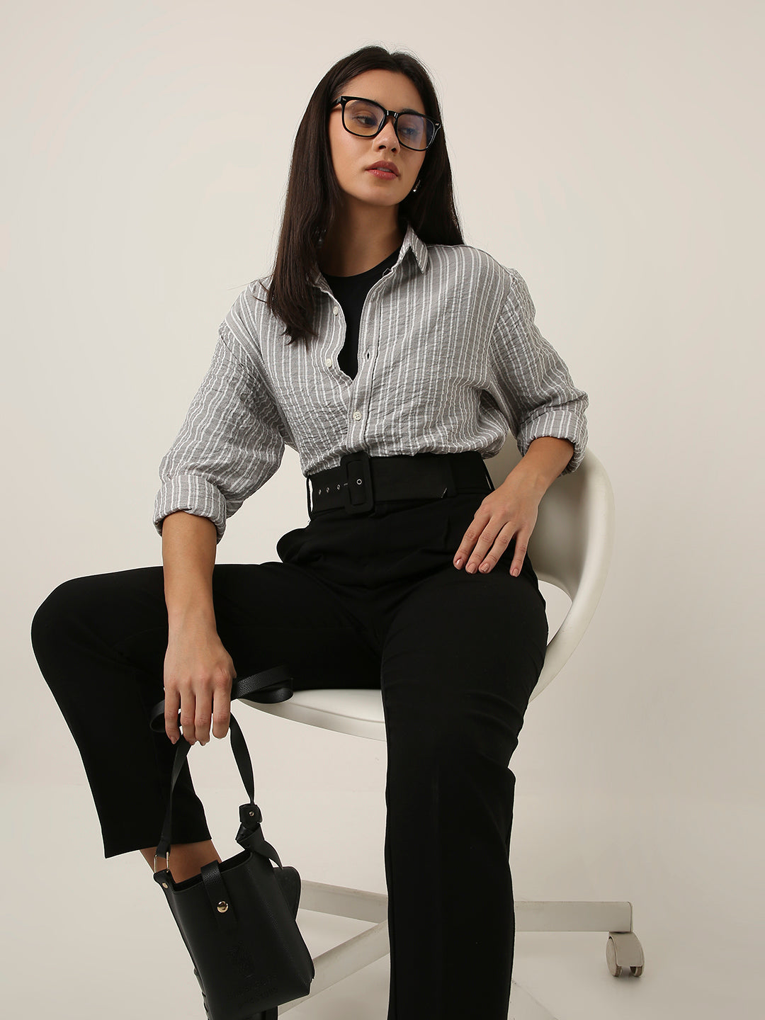 Grey Striped Classic Collar Shirt