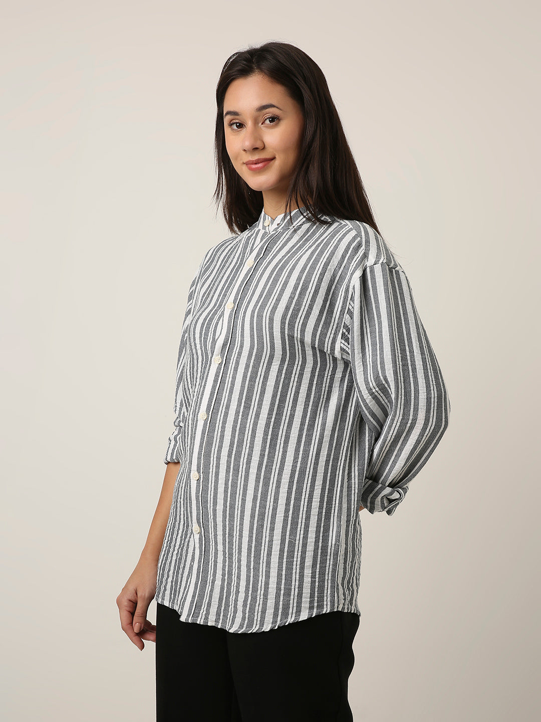 Grey Striped Mandarin Collar Shirt