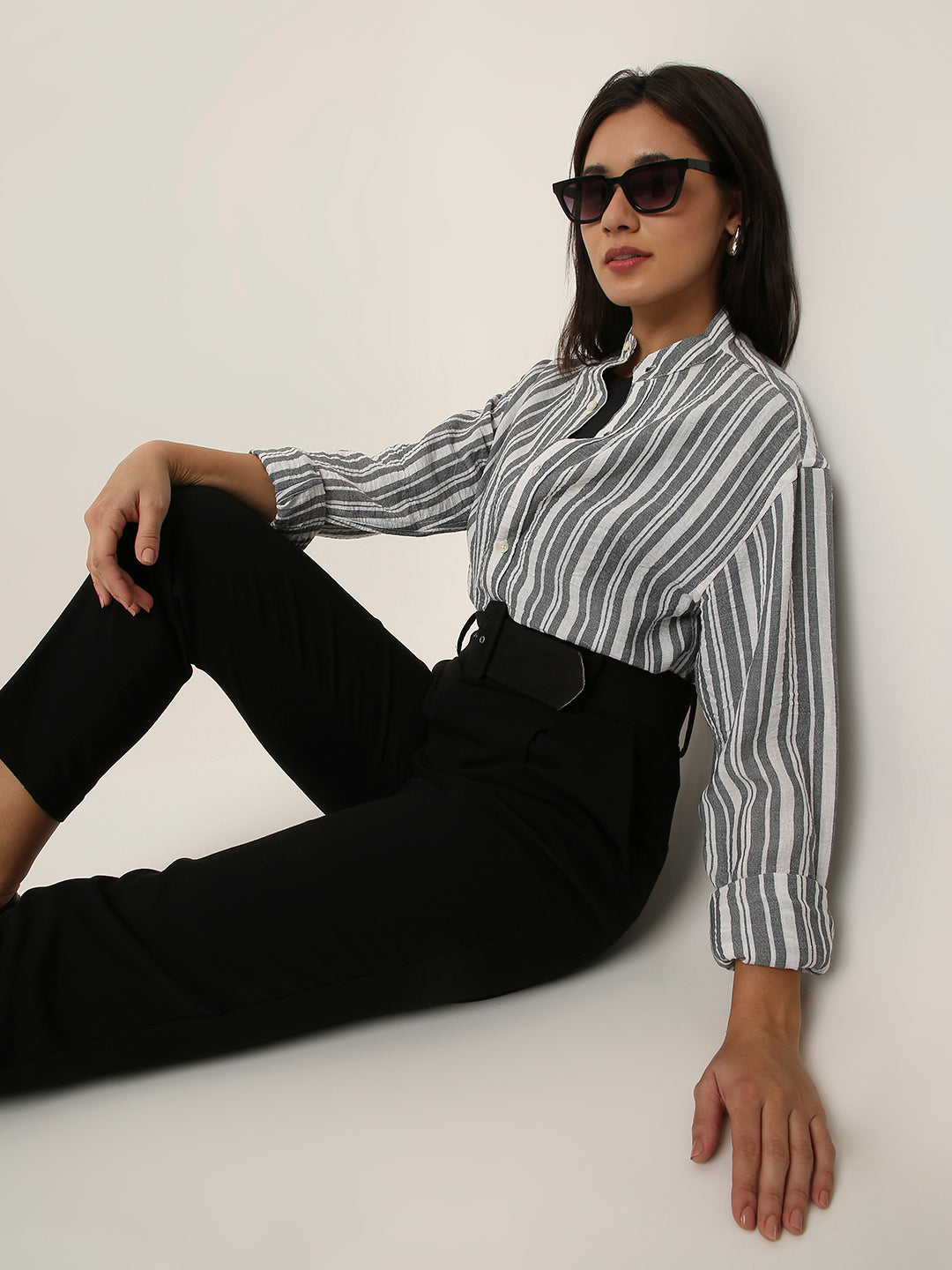 Grey Striped Mandarin Collar Shirt